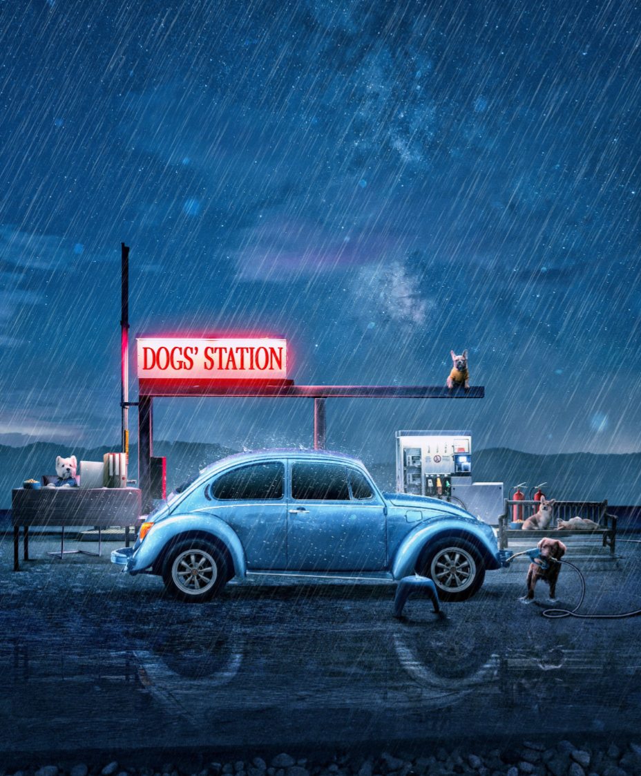 A blue Volkswagen Beetle parked at a neon 'Dogs' Station' on a rainy night