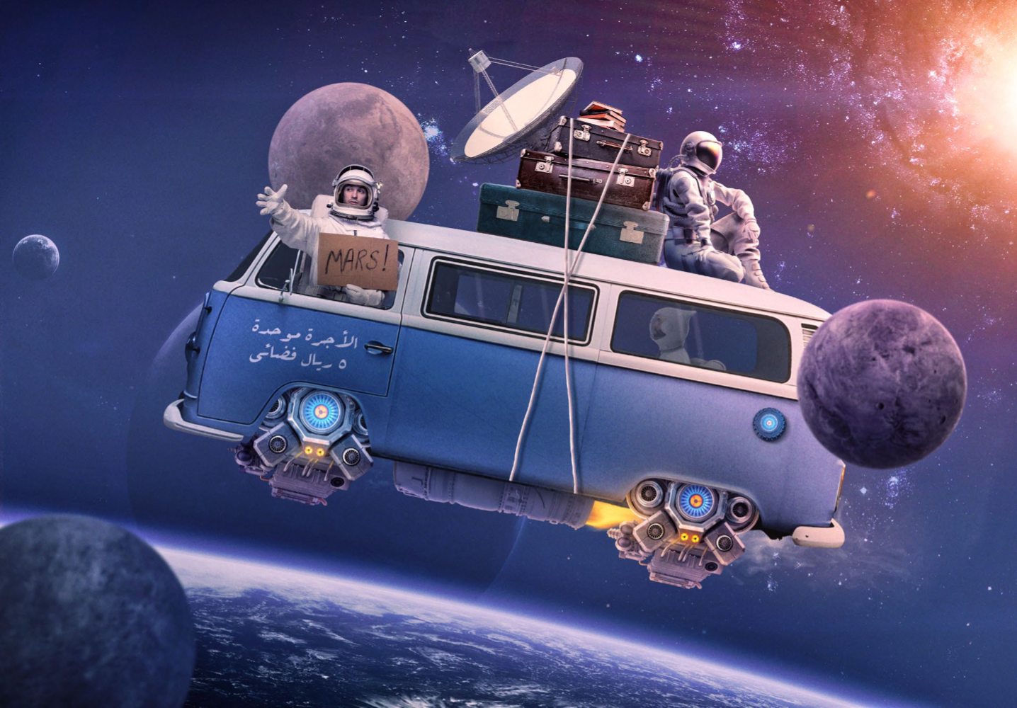 A camper van floating in space towards Mars, with astronauts on the roof