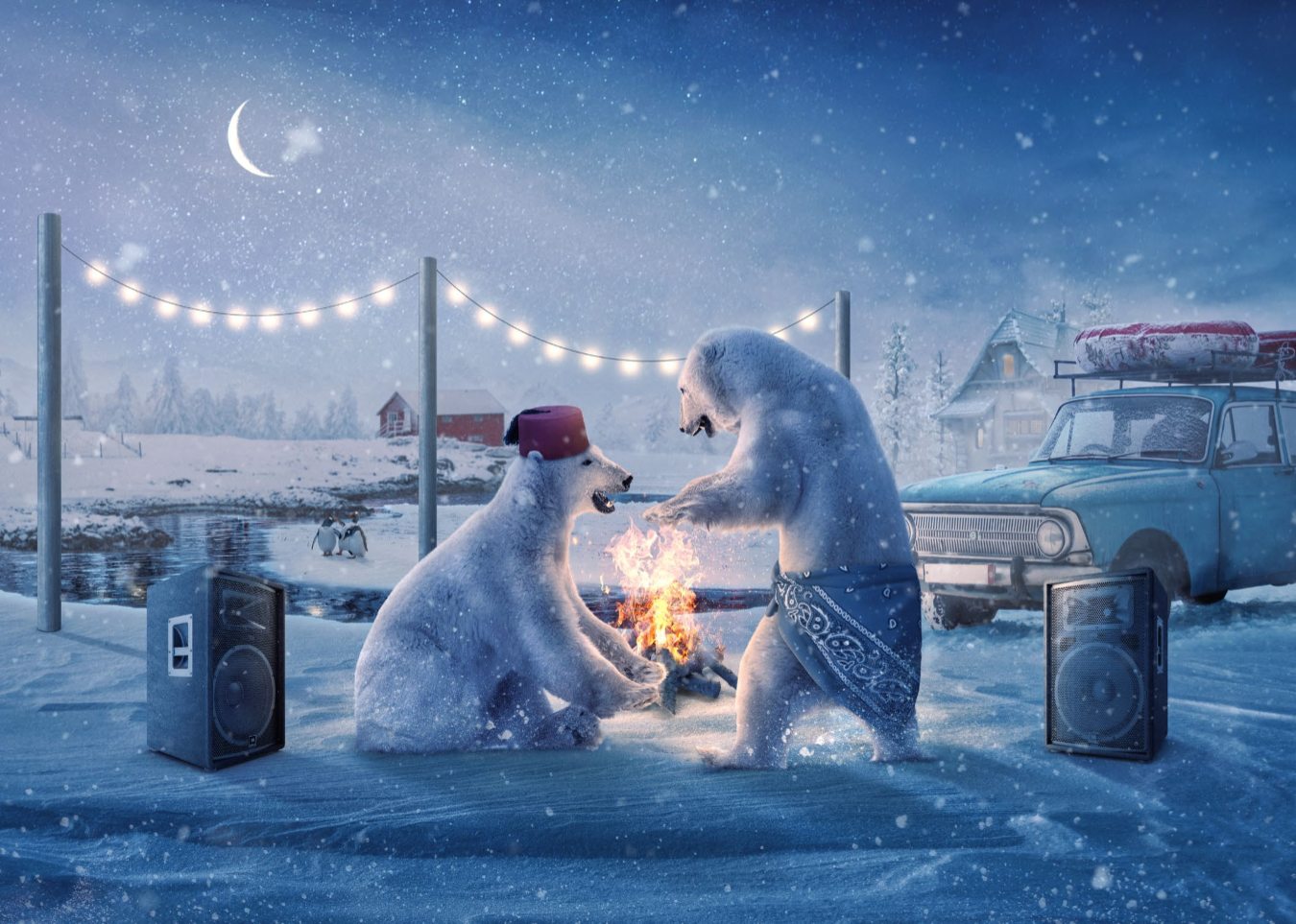 Two polar bears sharing a warm fire under string lights in the snow